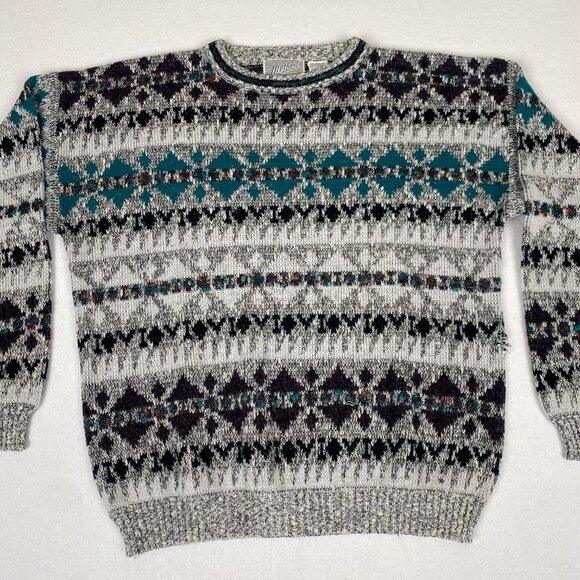 Vintage Method 90s Fair Isle Knit Grey Blue Sweater Large - Picture 4 of 7